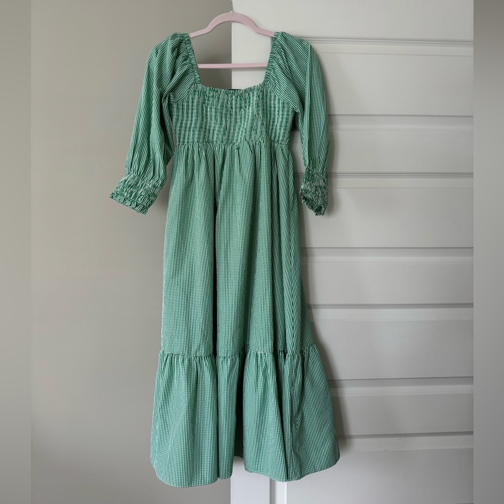 English factory green gingham midi dress